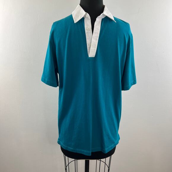 THEORY Green White Cotton Short Sleeve V-Neck Rugby Polo-Rope Jersey Top Size M - Picture 1 of 11